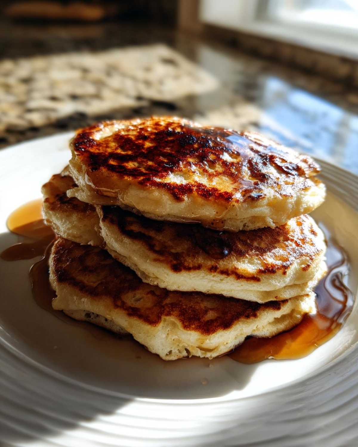 A stack of three fluffy sourdough discard pancakes drizzled with maple syrup on a white plate.