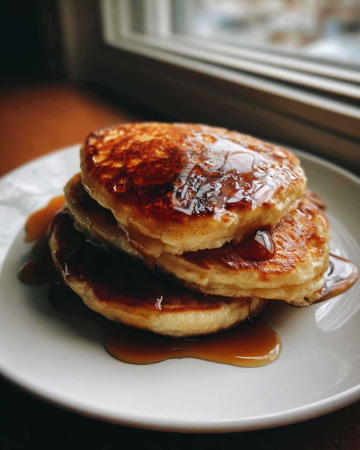 A stack of three fluffy sourdough discard pancakes drizzled generously with maple syrup on a white plate.