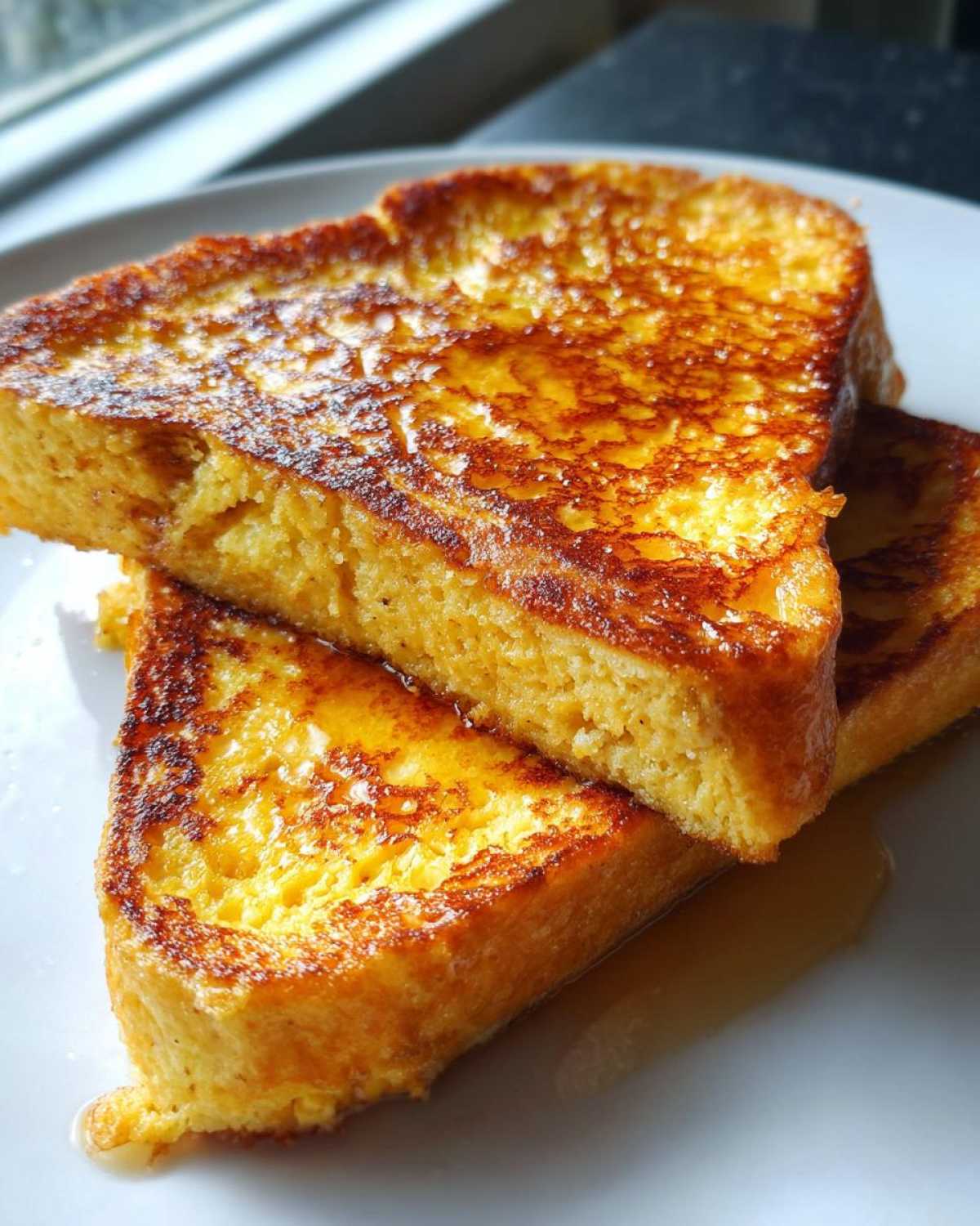 Two thick slices of golden brown sourdough french toast stacked on a white plate, drizzled with syrup.