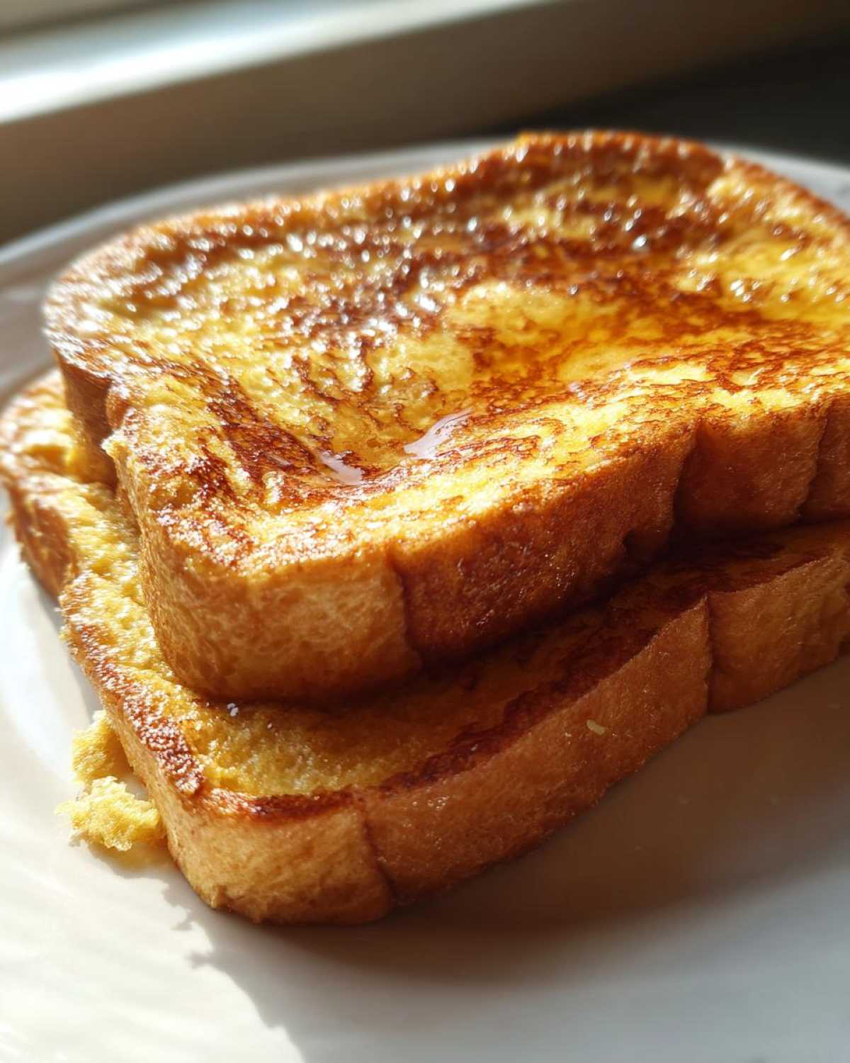 Close-up of two stacked slices of golden brown sourdough french toast drizzled with syrup.