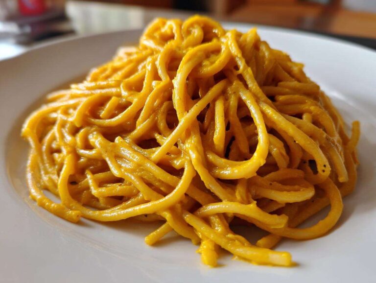 Close-up of spaghetti tossed in a vibrant, creamy butternut squash pasta sauce, served on a white plate.