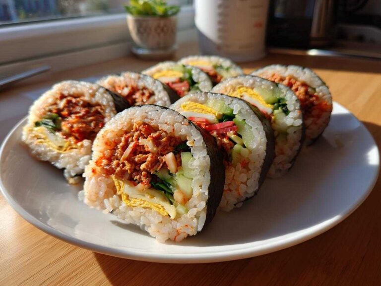 A row of freshly sliced spicy tuna kimbap rolls displayed on a white plate near a sunny window.
