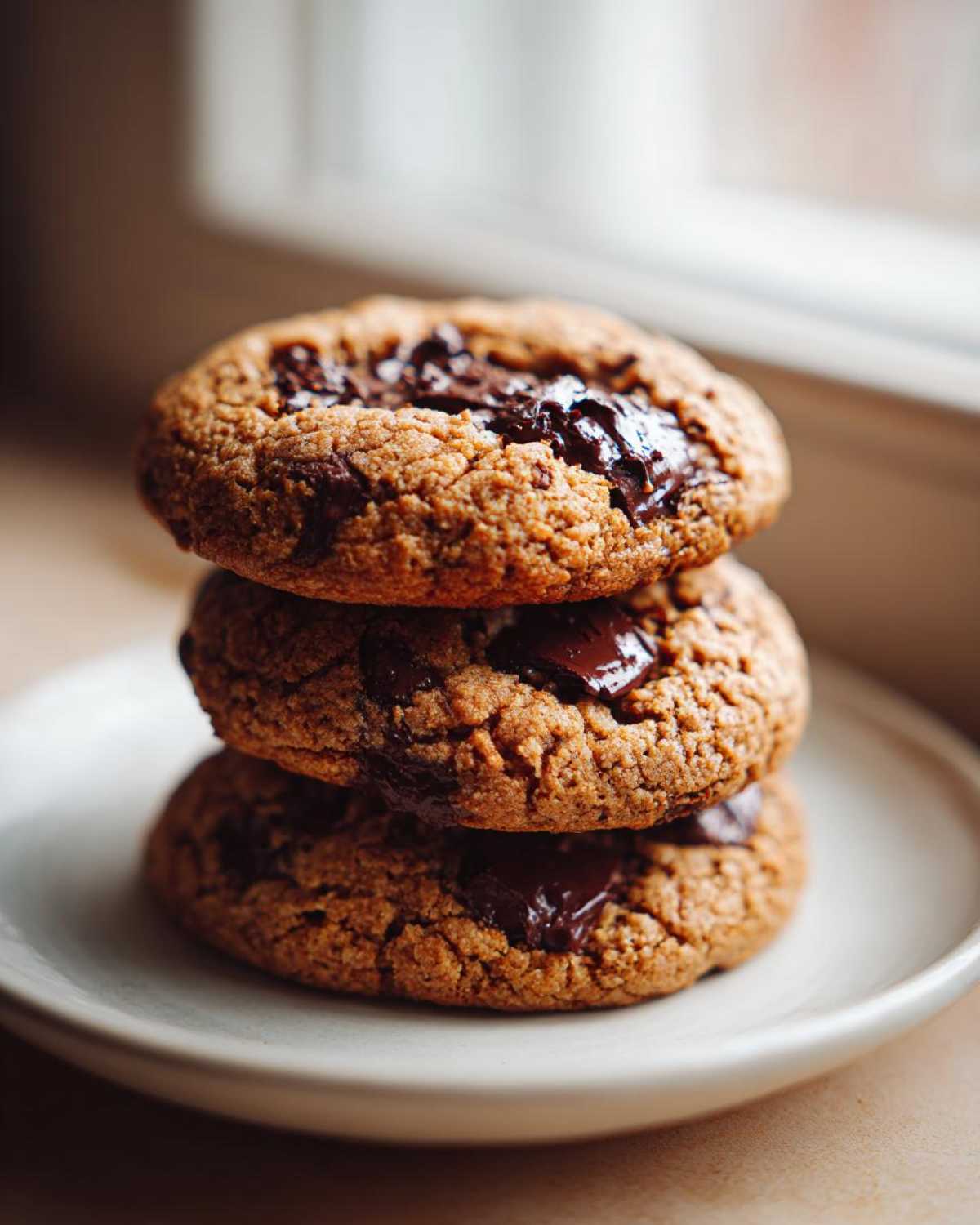 A stack of three perfectly baked chewy chocolate chip cookies with gooey, melted chocolate chunks.