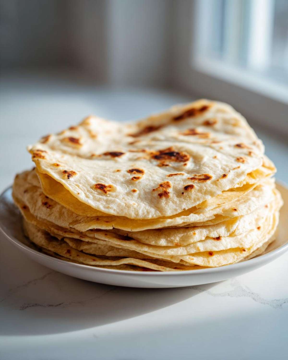 A tall stack of soft, lightly charred corn tortillas resting on a white plate near a window.