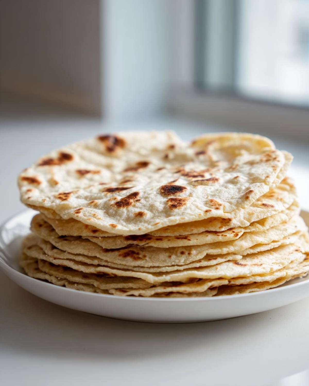 A tall stack of warm, freshly cooked corn tortillas with light char marks resting on a white plate.