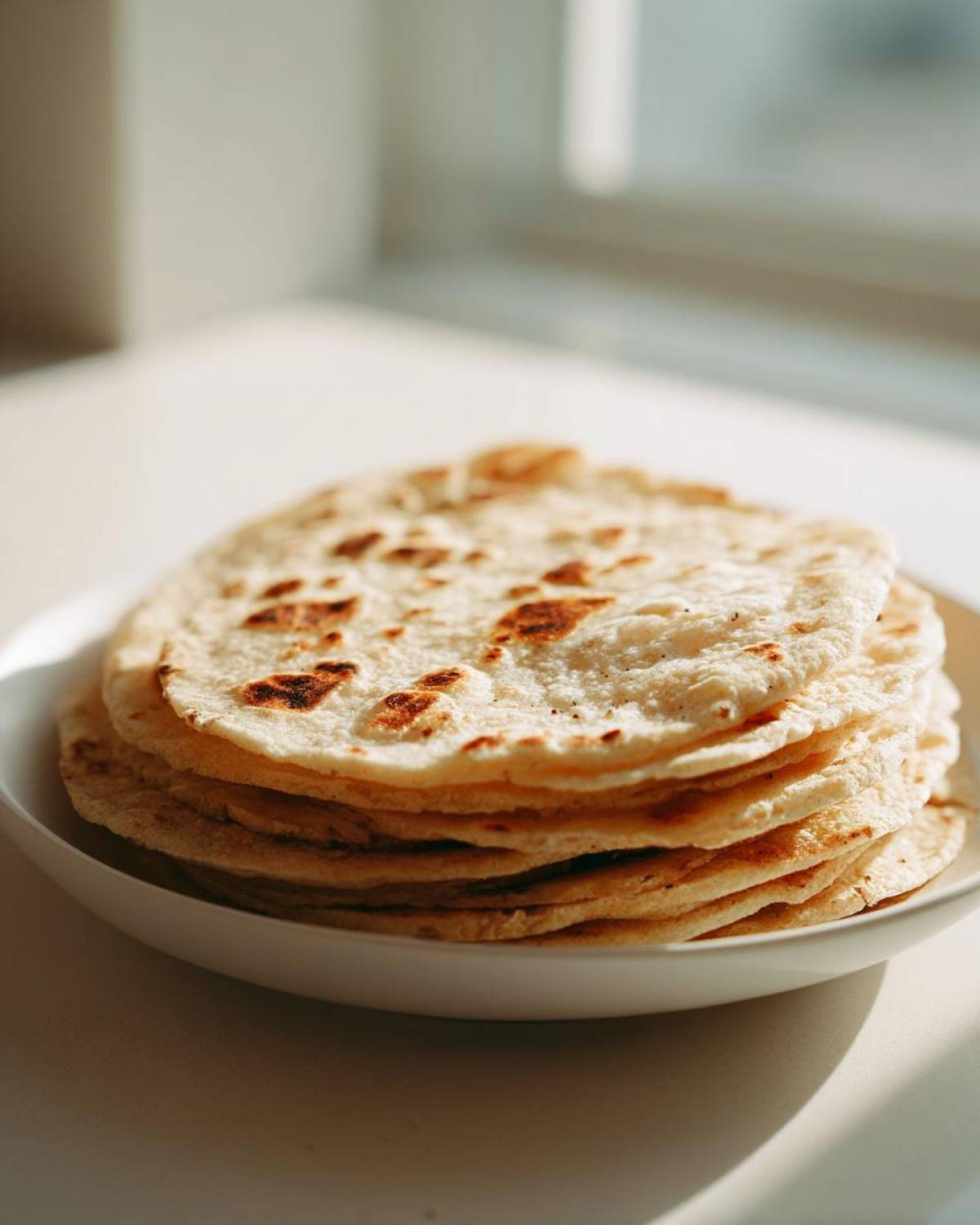 A stack of warm, freshly made corn tortillas with light char marks served in a white bowl.