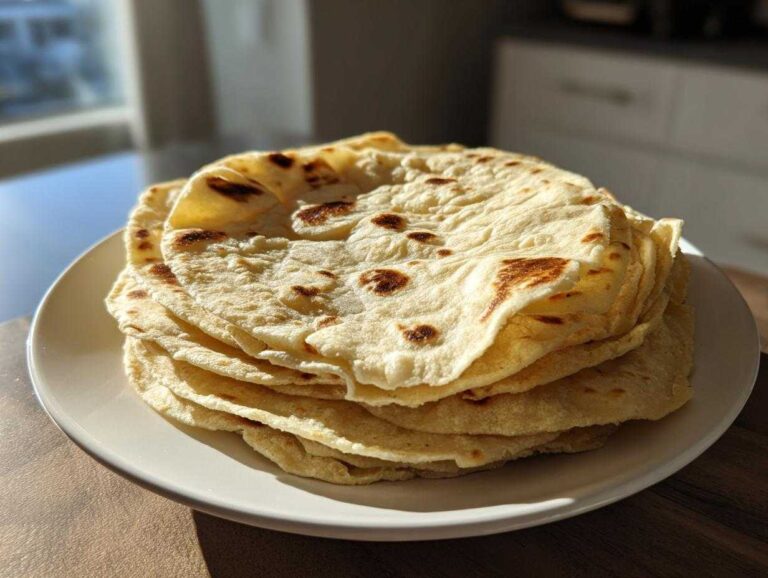 3 Secrets to Amazing corn tortillas A stack of freshly made, slightly charred corn tortillas resting on a white plate in bright sunlight.