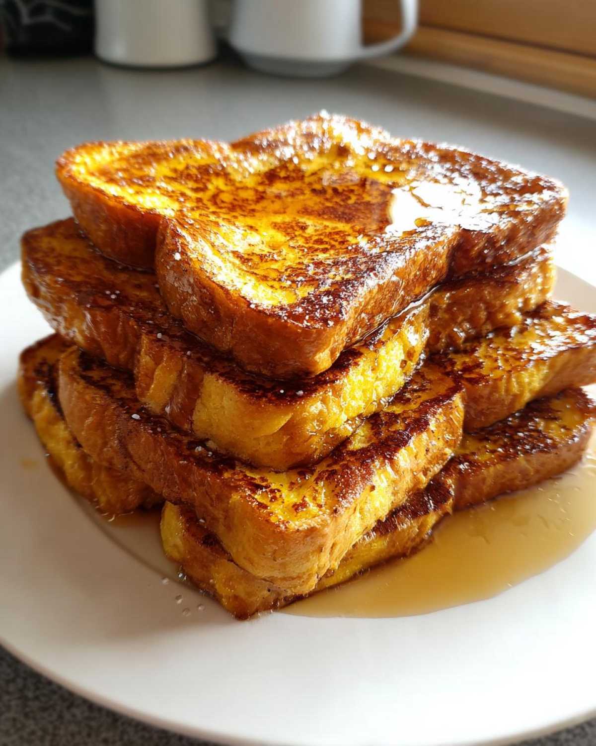 A tall stack of perfectly cooked, golden brown french toast drizzled with syrup on a white plate.