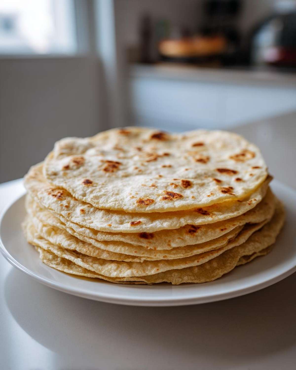 A tall stack of warm, freshly made corn tortillas with light brown spots resting on a white plate.