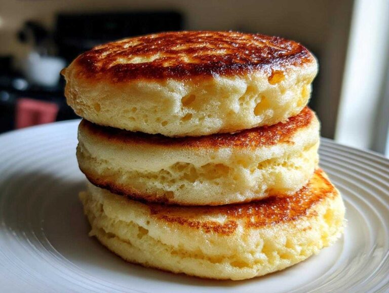 A close-up stack of three thick, fluffy pancakes with golden-brown, slightly crisp tops.