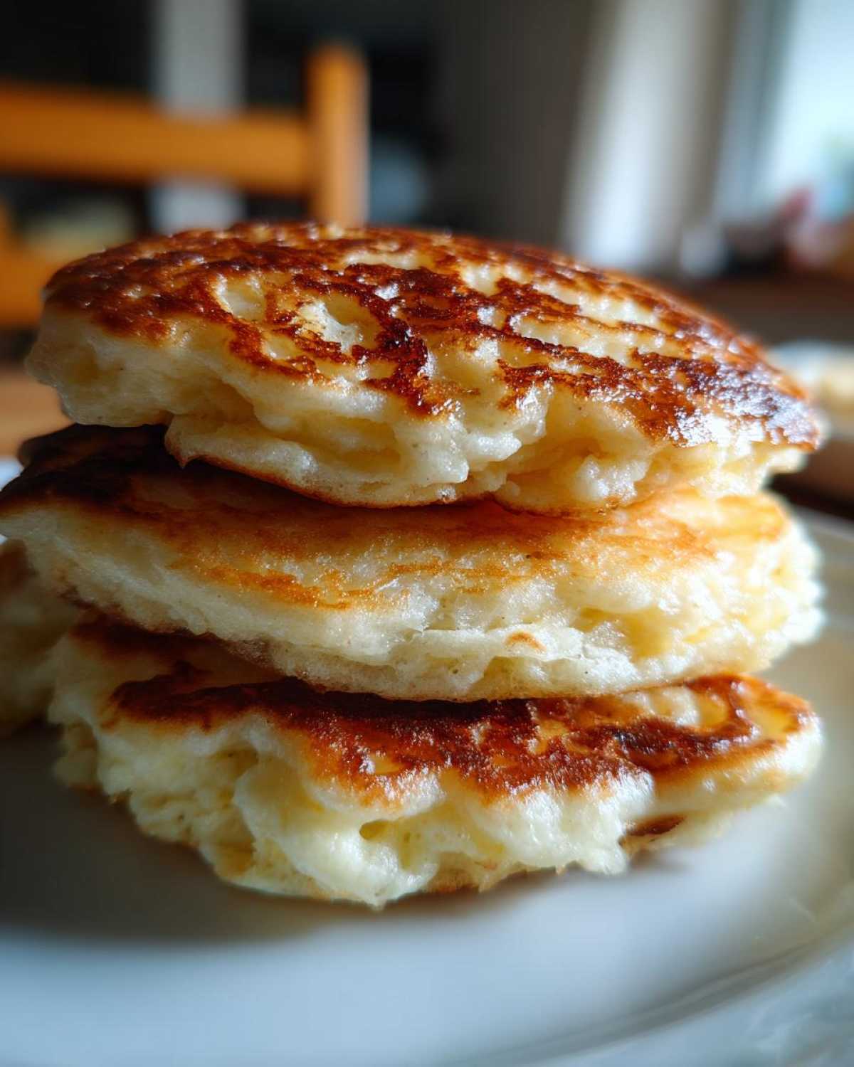 A close-up stack of three incredibly fluffy pancakes showing their airy texture and golden brown, slightly crispy edges.