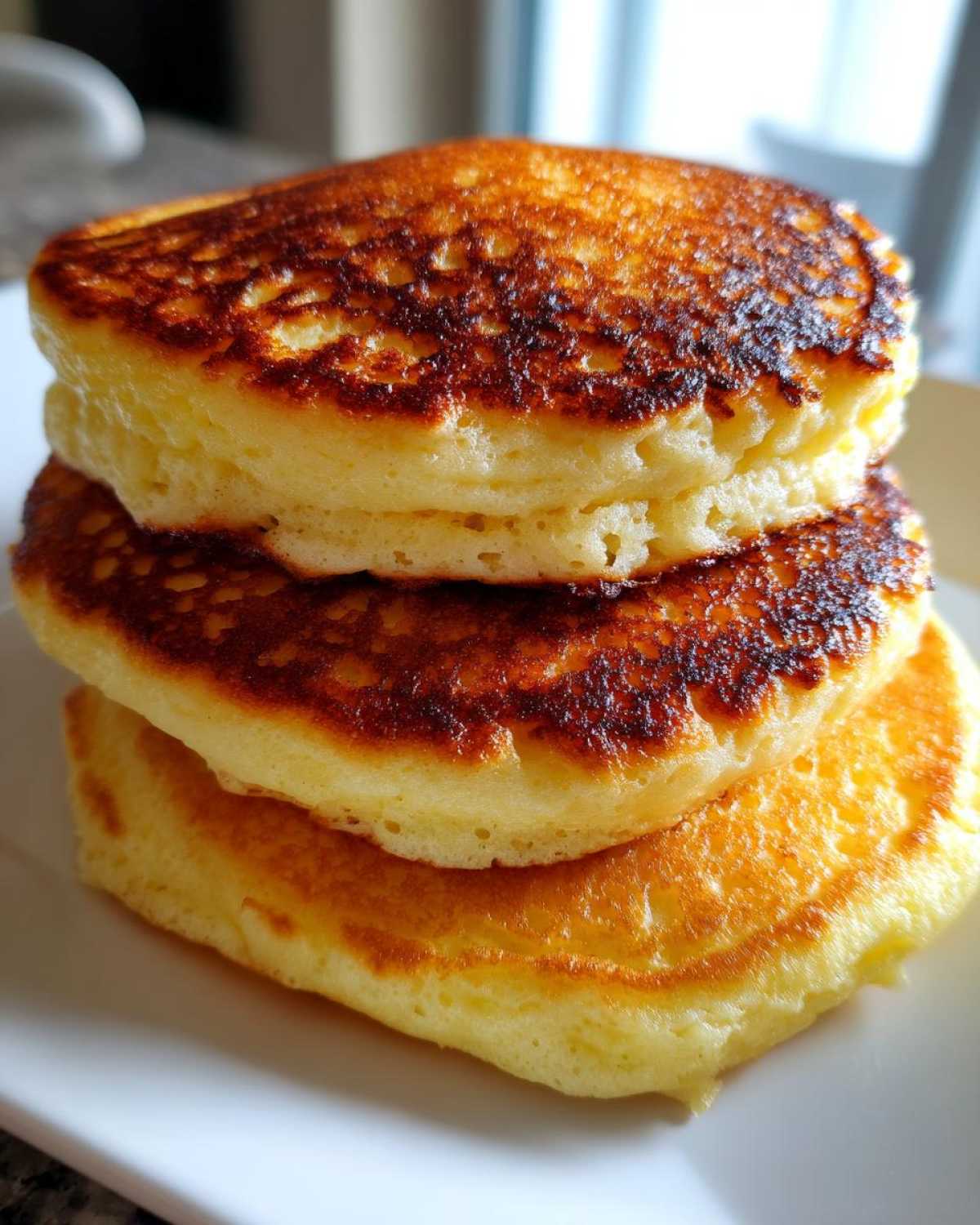 Close-up of a stack of three thick, fluffy pancakes with perfectly golden-brown, slightly crispy edges.