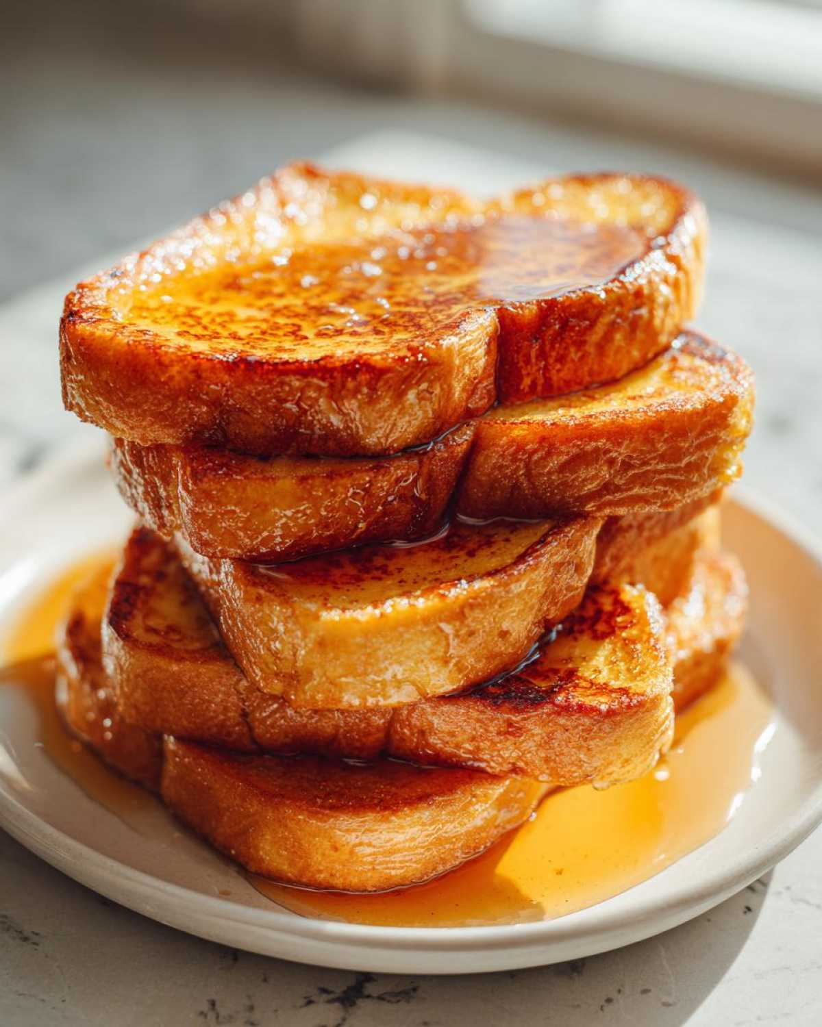 A tall stack of golden brown french toast slices generously drizzled with maple syrup.