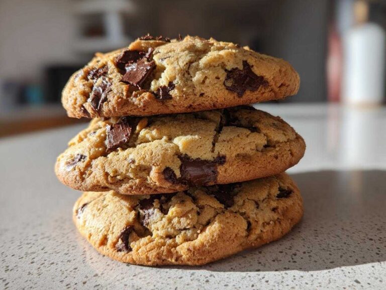 A stack of three thick, soft chocolate chip cookie rounds featuring visible chunks of melted chocolate.