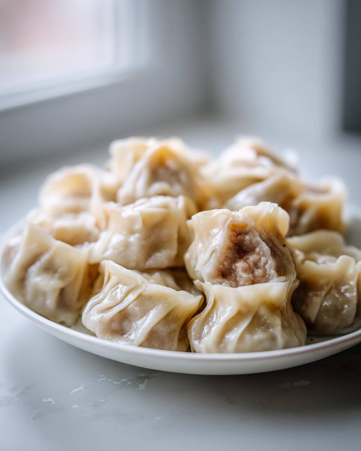 A close-up of a white plate piled high with freshly steamed Traditional Chinese Dumplings, showing the juicy filling.
