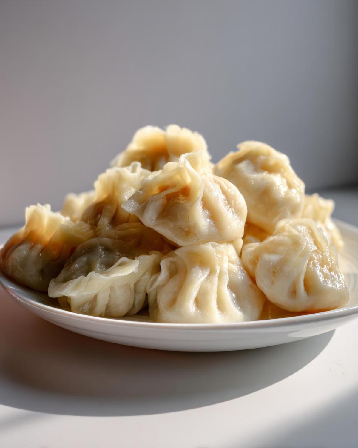 A pile of freshly steamed Traditional Chinese Dumplings resting on a white plate, highlighted by soft natural light.
