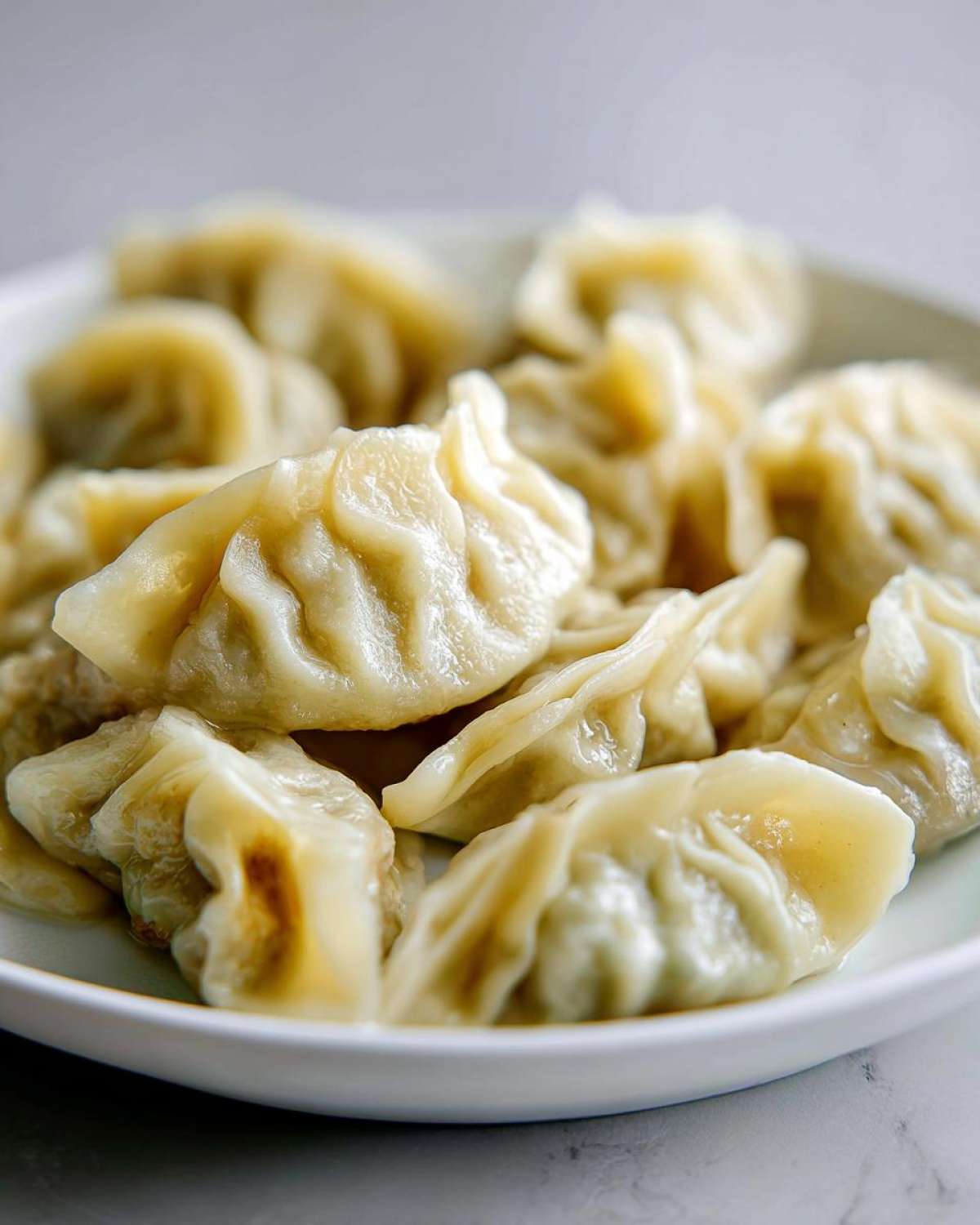Close-up of several freshly steamed Traditional Chinese Dumplings piled high on a white plate.