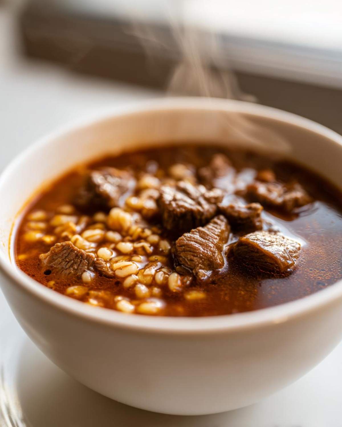 Close-up of a steaming bowl of rich, dark beef barley soup with tender chunks of beef and plump barley grains.