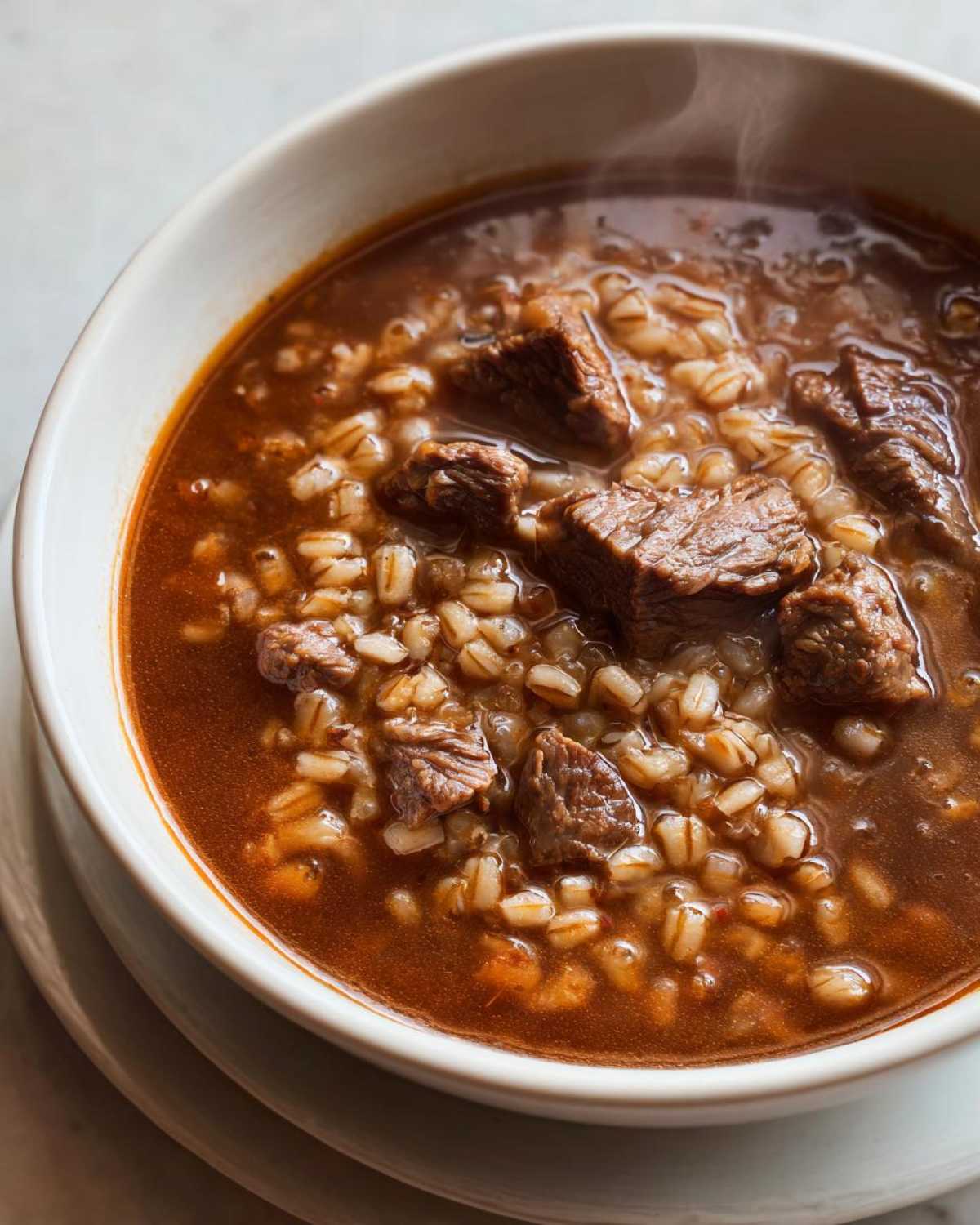 Close-up of a steaming white bowl filled with rich, dark broth, tender chunks of beef, and plump barley in this amazing beef barley soup.
