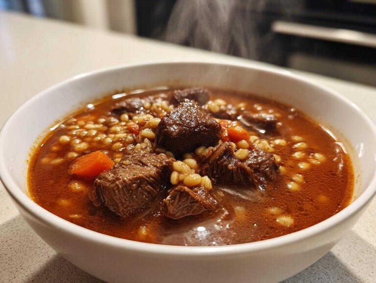 Close-up of a steaming white bowl filled with rich, dark broth, tender beef chunks, barley, and carrots in beef barley soup.