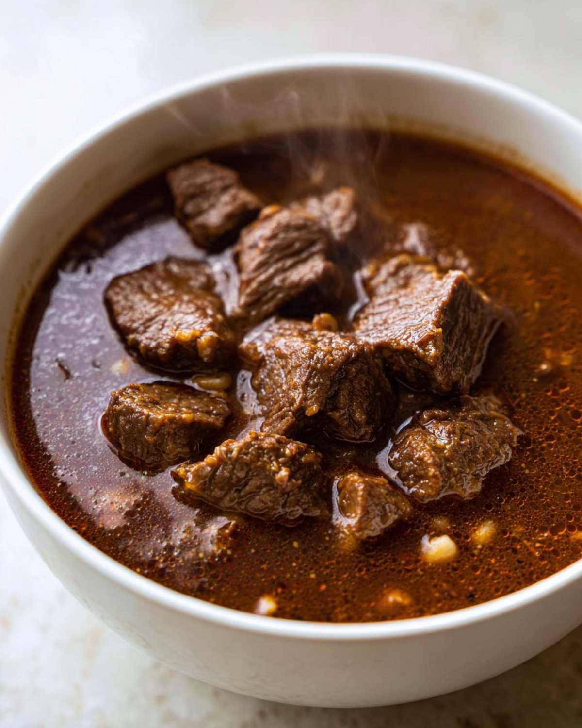 Close-up of tender chunks of beef submerged in rich, dark broth of beef barley soup, with steam rising.