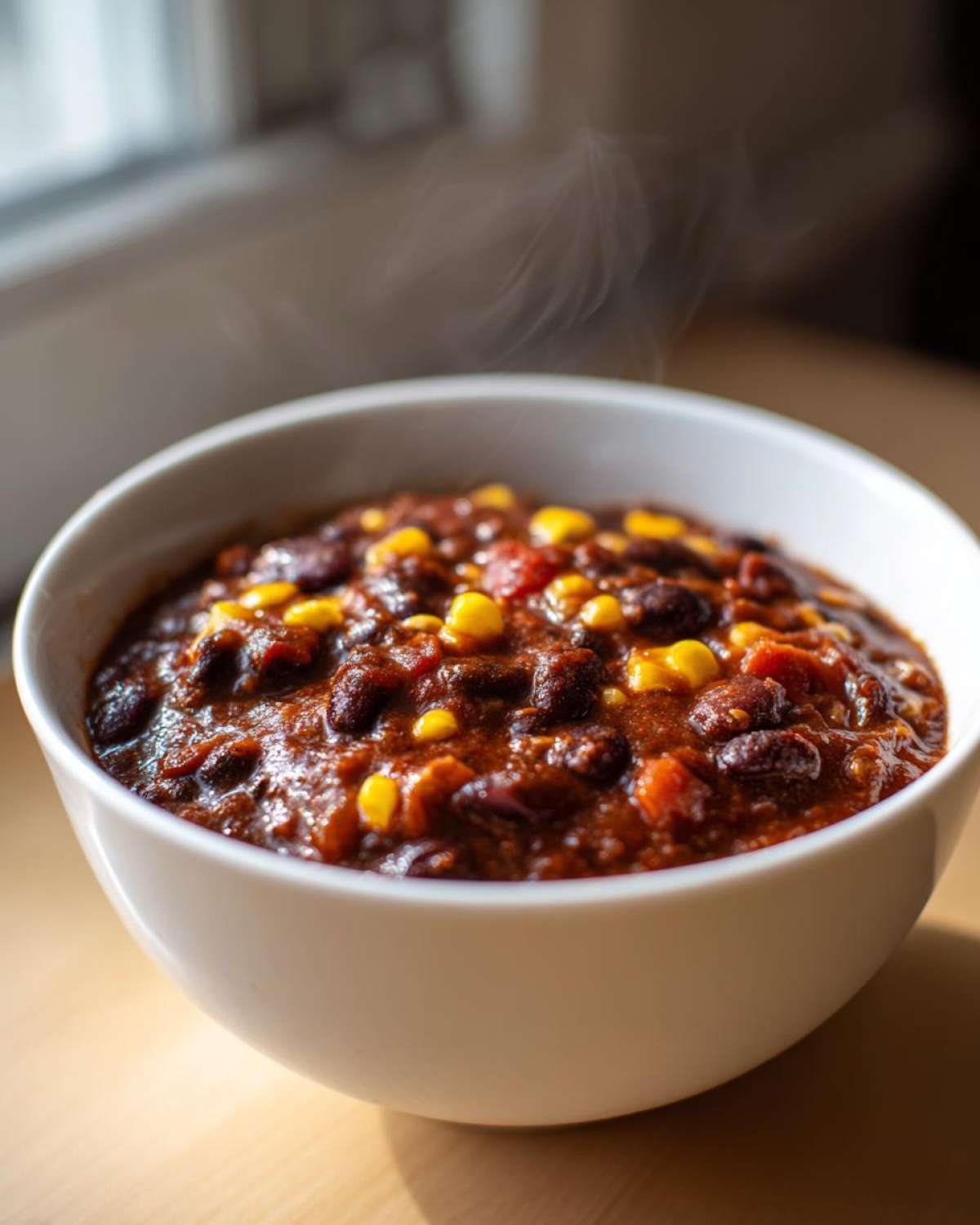 Close-up of a steaming white bowl filled with rich, dark black bean chili mixed with bright yellow corn kernels.