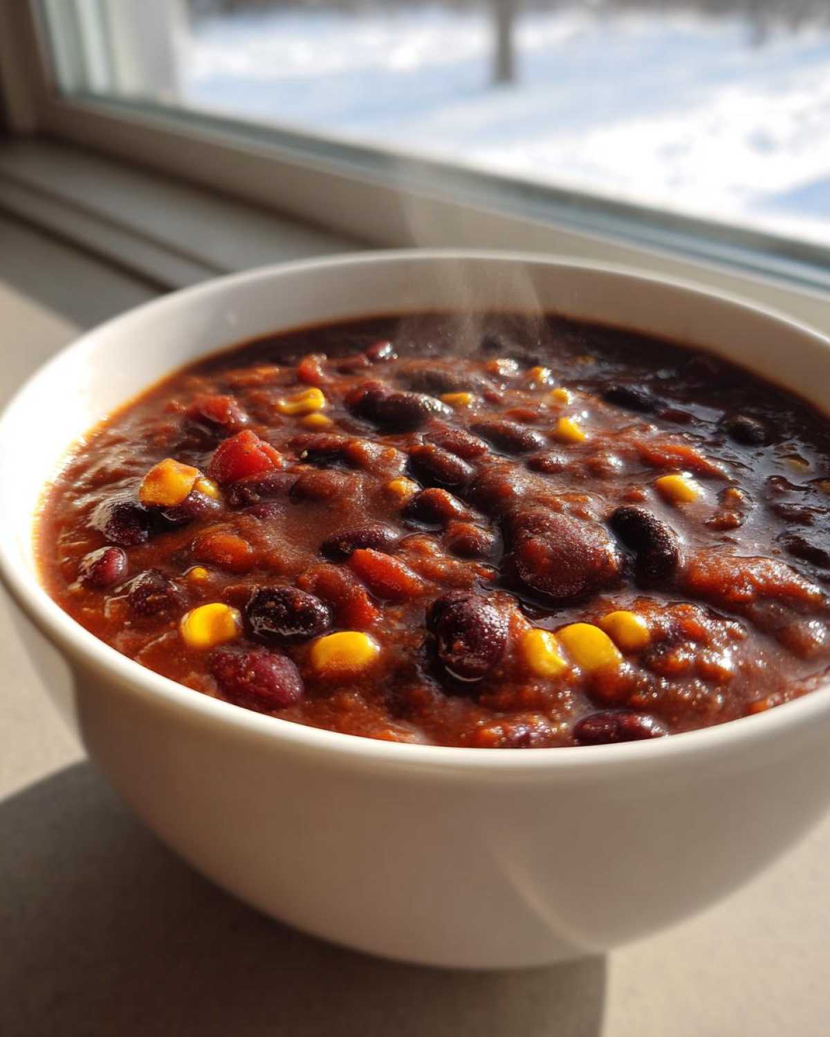 Close-up of a steaming white bowl filled with rich, dark black bean chili mixed with bright yellow corn kernels.
