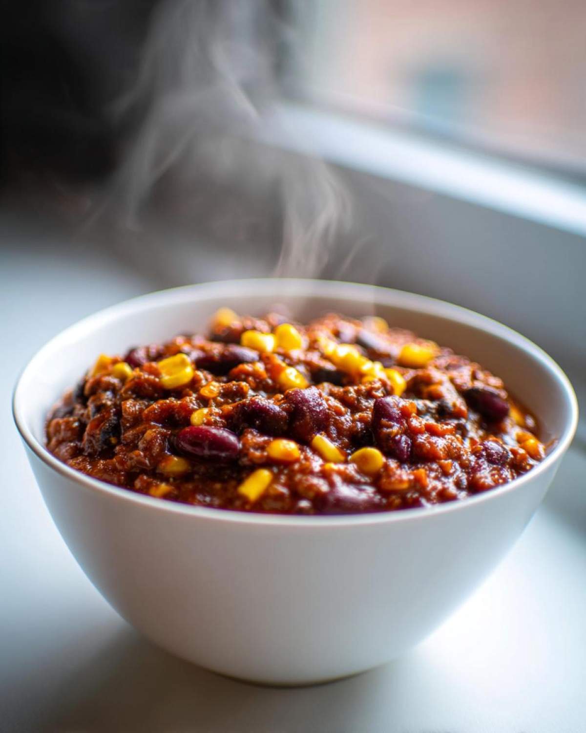 Close-up of a white bowl filled with steaming hot black bean chili mixed with corn kernels.
