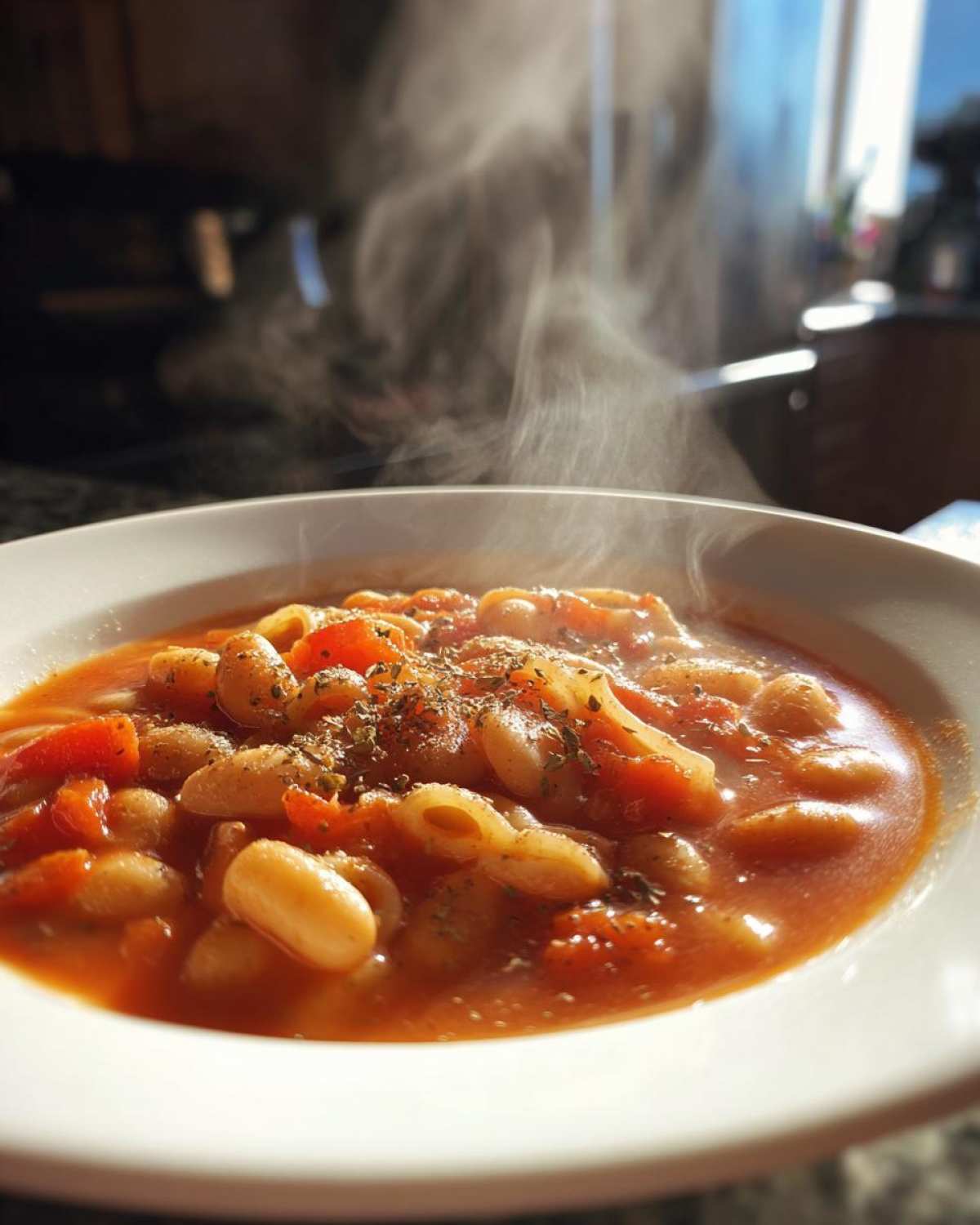 A close-up of a steaming white bowl filled with hot pasta fagioli, featuring beans, pasta, and tomato broth, topped with herbs.