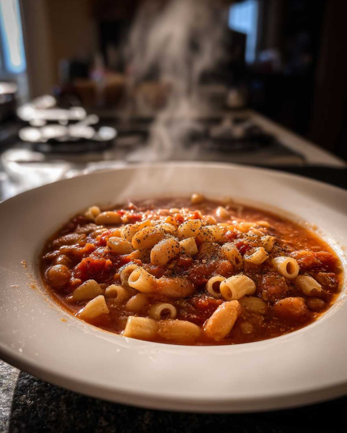 A close-up of a steaming white bowl filled with hot pasta fagioli, seasoned with herbs.
