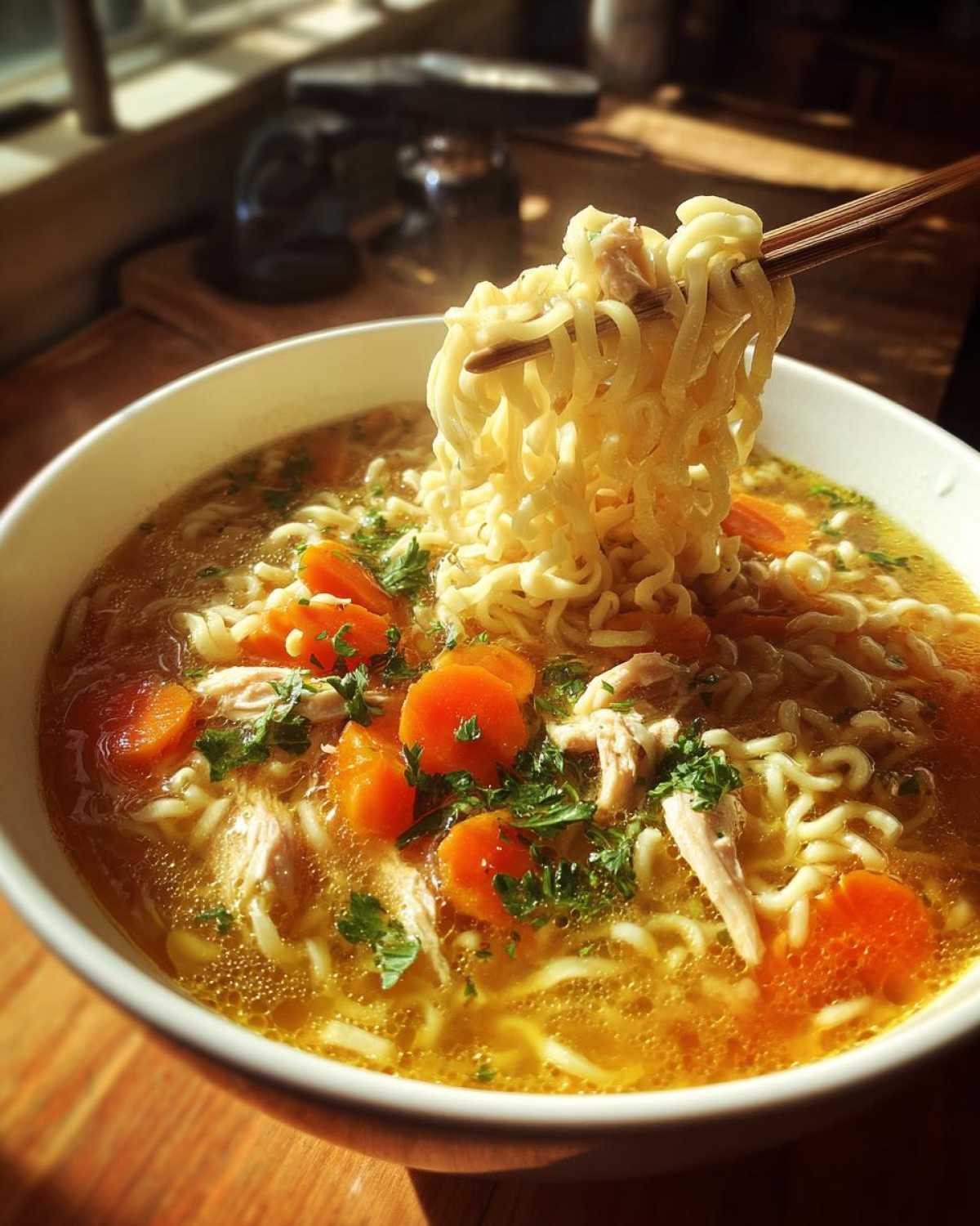Close-up of steaming chicken noodle soup with carrots and parsley, as noodles are lifted by chopsticks.
