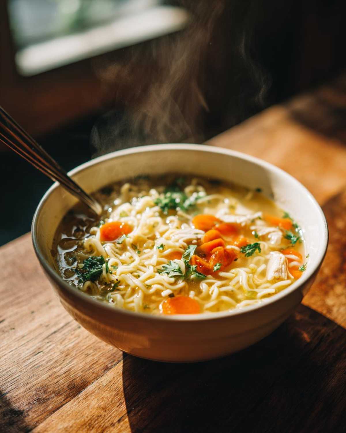 Close-up of a steaming bowl of homemade chicken noodle soup with carrots and parsley.