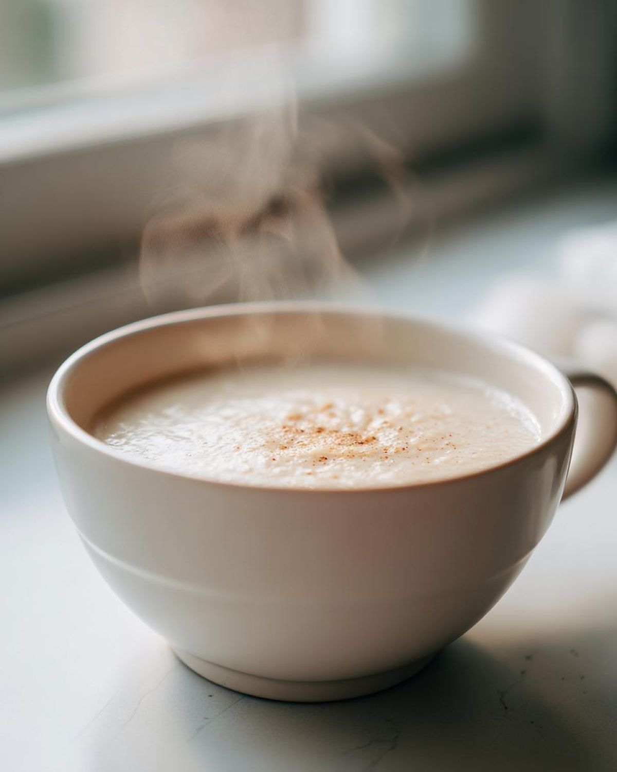 Close-up of a white mug filled with hot, creamy garlic soup, showing steam rising and a sprinkle of spice on top.