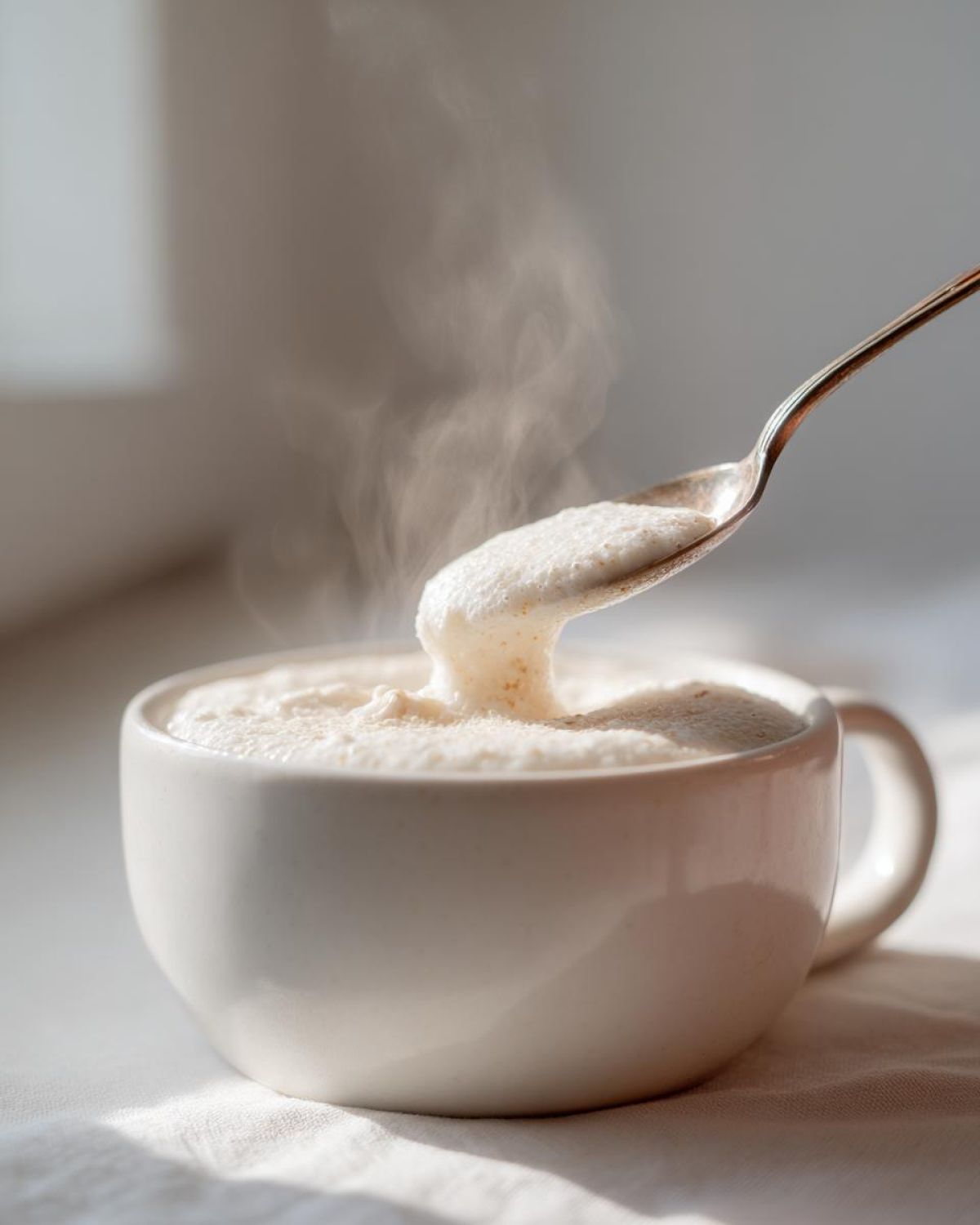 A spoonful of creamy, frothy texture being lifted from a white mug of hot garlic soup, showing steam rising.