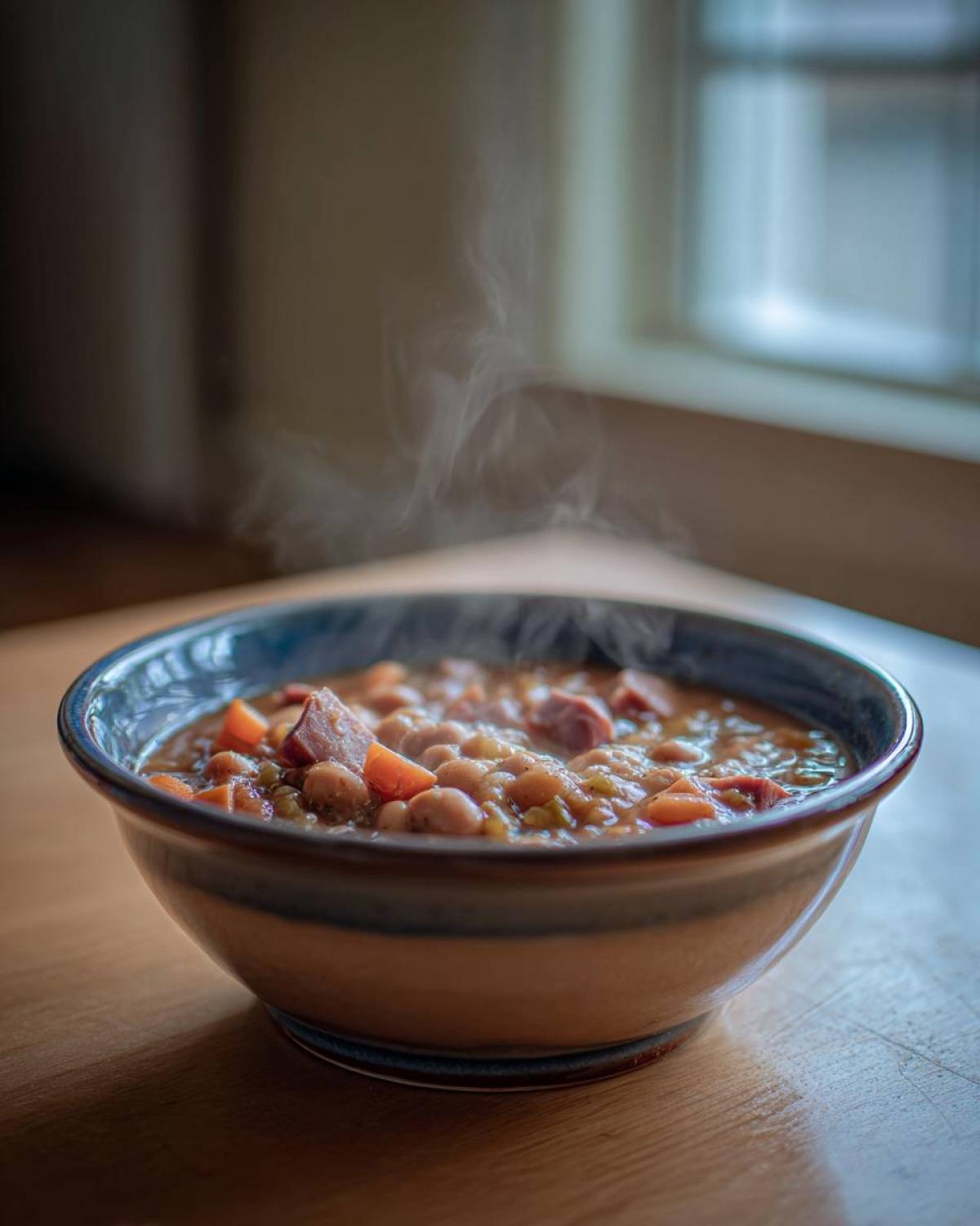 A close-up of a steaming bowl of Ham and bean soup with visible chunks of ham and carrots on a wooden table.