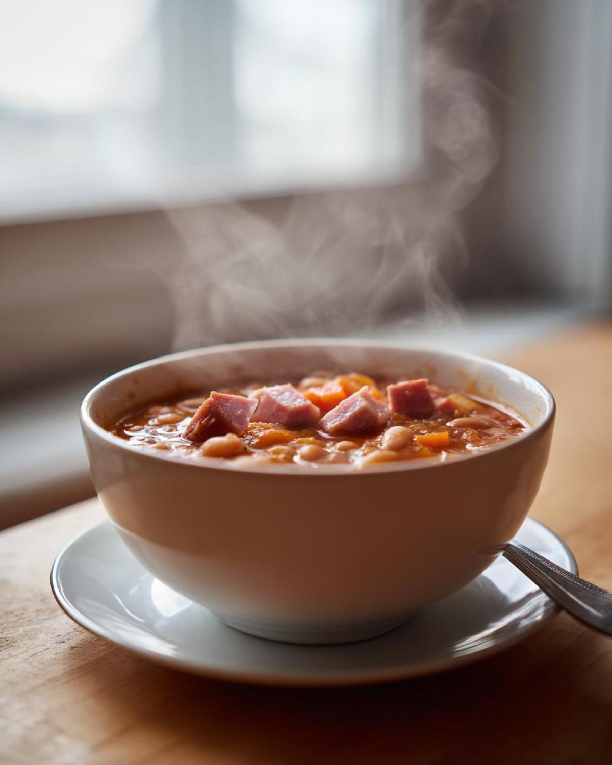 A white bowl filled with hot, steaming Ham and bean soup, topped with visible chunks of ham and carrots.