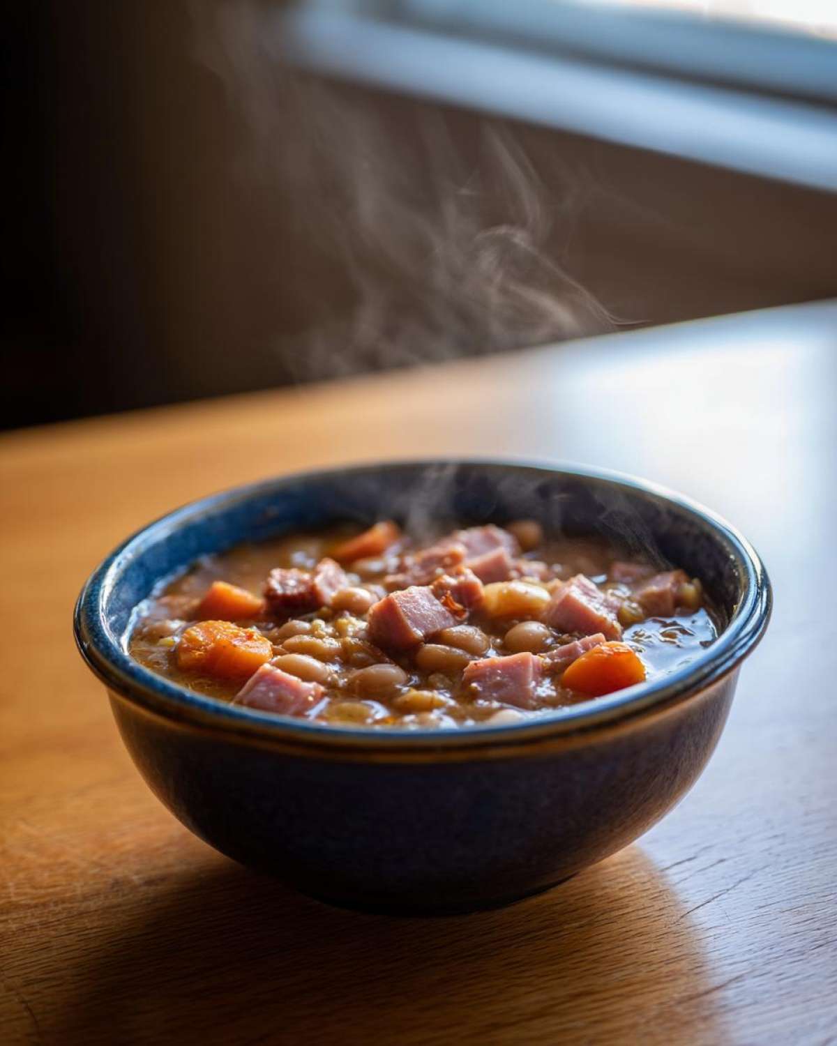 A steaming bowl of thick ham and bean soup, featuring chunks of ham and carrots, served on a wooden table.