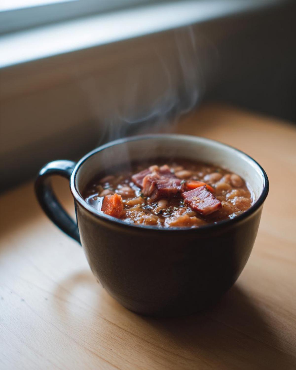 A close-up of steaming hot ham and bean soup, topped with chunks of ham and carrots, served in a dark mug.