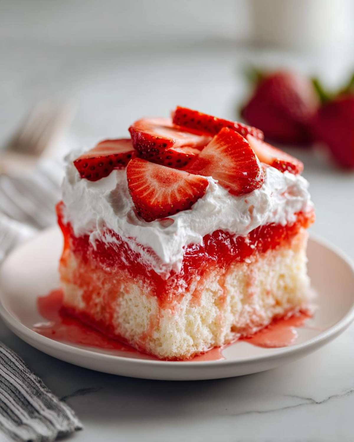 Close-up of a moist slice of strawberry jello poke cake topped with whipped cream and fresh strawberries.