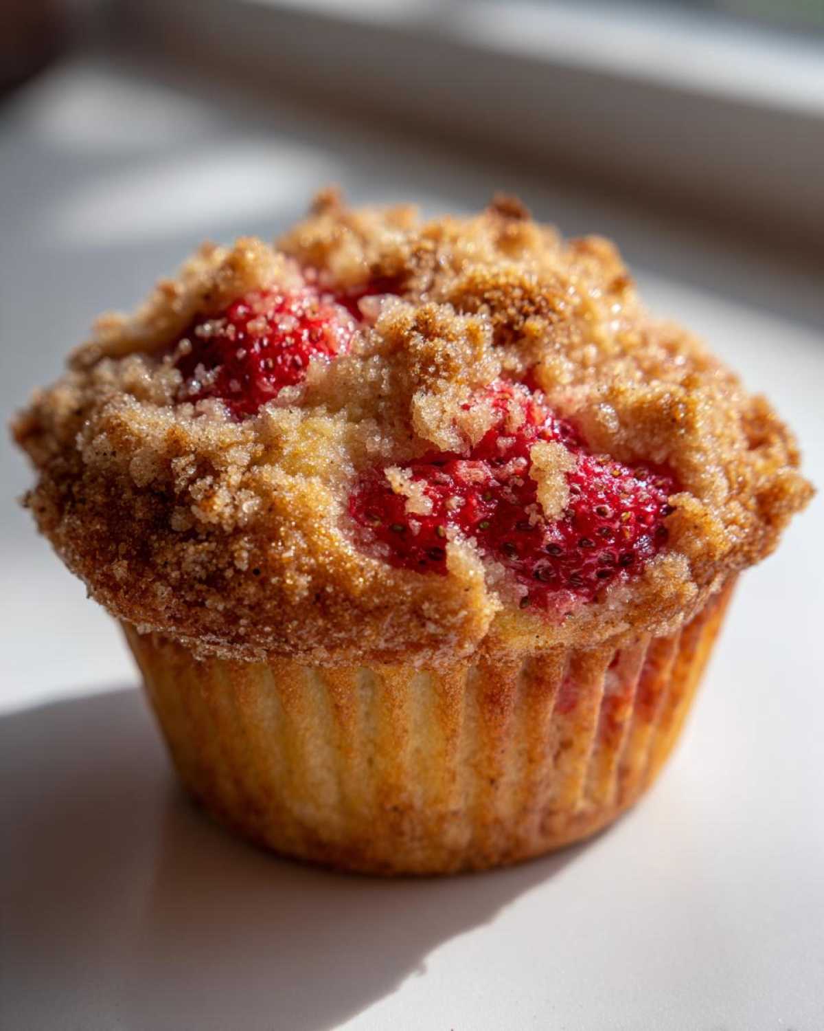 A close-up, sunlit image of a single strawberry muffin topped with brown sugar crumble and visible strawberry pieces.
