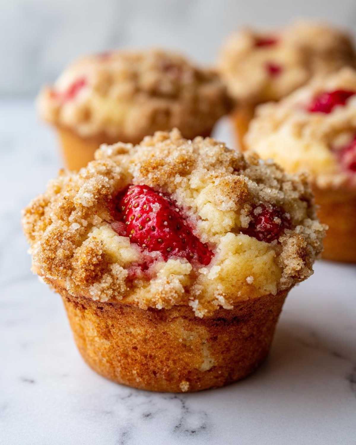 A close-up shot of a golden brown strawberry muffin topped with a generous layer of cinnamon streusel topping.