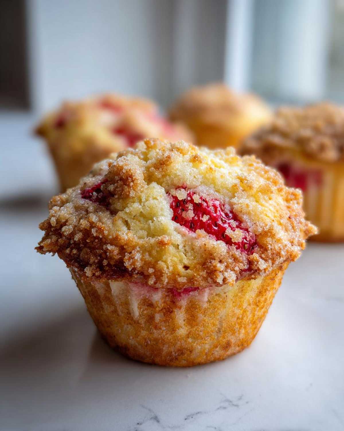 A close-up of a freshly baked strawberry muffin topped with a golden streusel crumb topping.