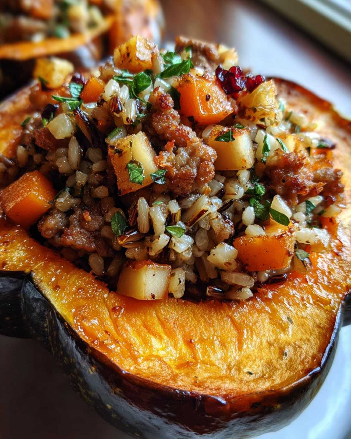 Close-up of a baked acorn squash half filled with a savory stuffing mix including rice, sausage, and diced squash.