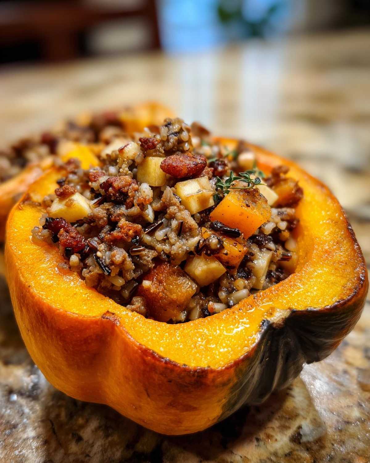 A close-up view of a roasted acorn squash half filled with a savory wild rice stuffing, featuring diced apples and pecans in this stuffed acorn squash recipe.