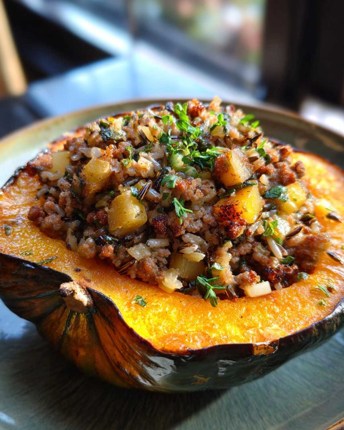 Close-up of a roasted acorn squash half filled with savory stuffing, featuring ground meat, wild rice, and herbs, ready to eat.
