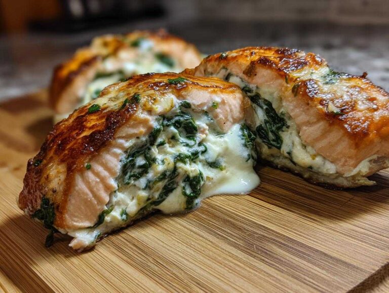 Close-up of perfectly cooked stuffed salmon, showing the creamy spinach filling oozing out onto a wooden board.