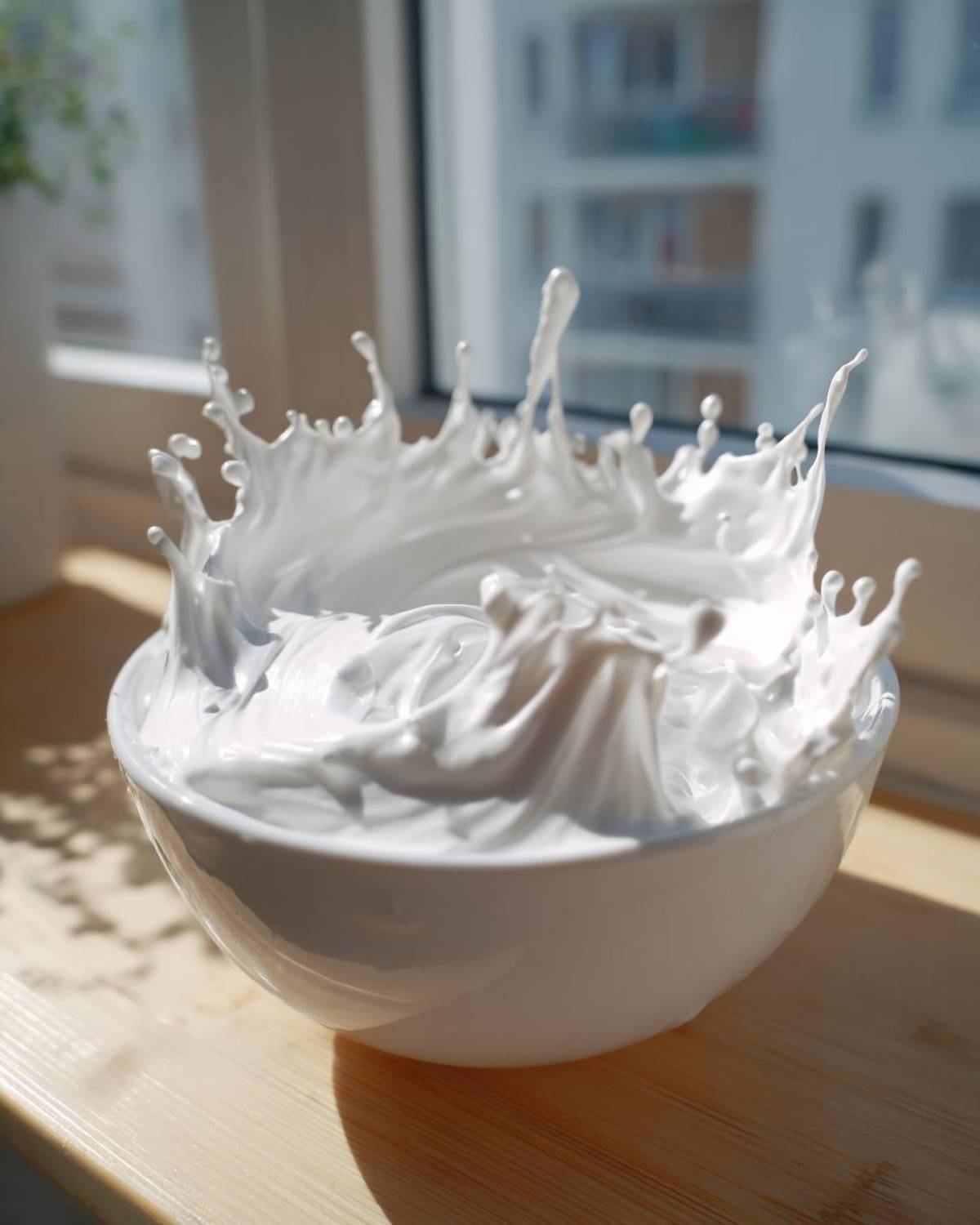 A dynamic splash of thick, white sugar cookie icing that hardens, captured in a white bowl.