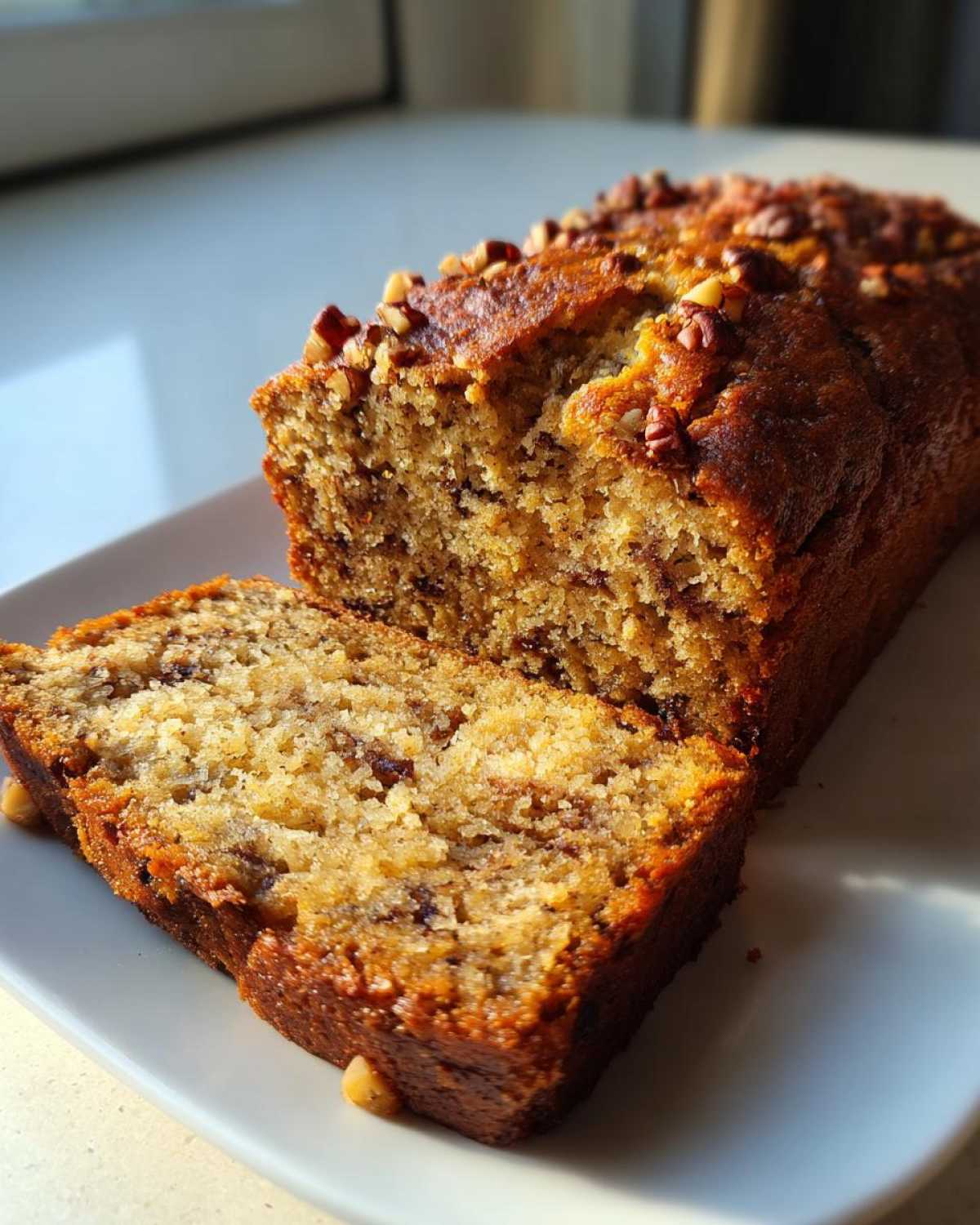 A moist slice of sugar free banana bread, topped with chopped pecans, sitting next to the loaf.