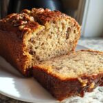 A moist slice cut from a loaf of sugar free banana bread topped with glazed pecans.