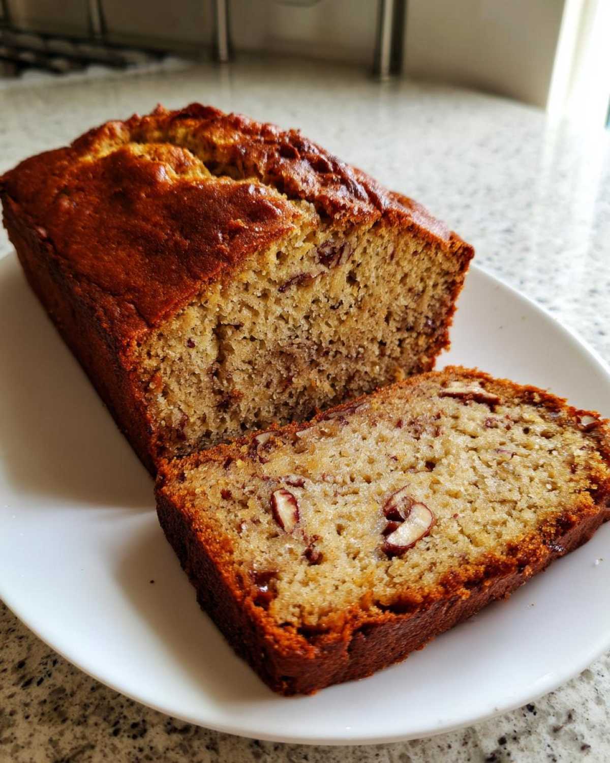 A slice cut from a golden brown sugar free banana bread loaf, showing pecans inside.